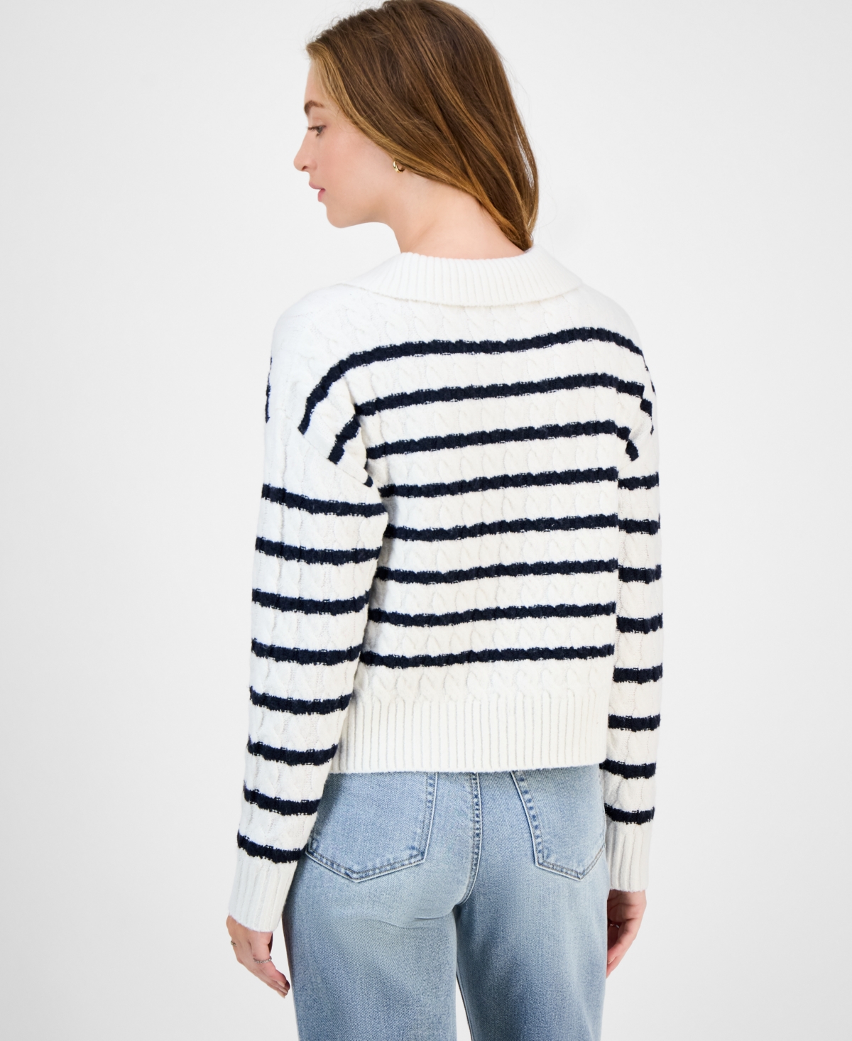 Hooked Up By Iot Juniors' Striped Cable-knit Collar Sweater In White