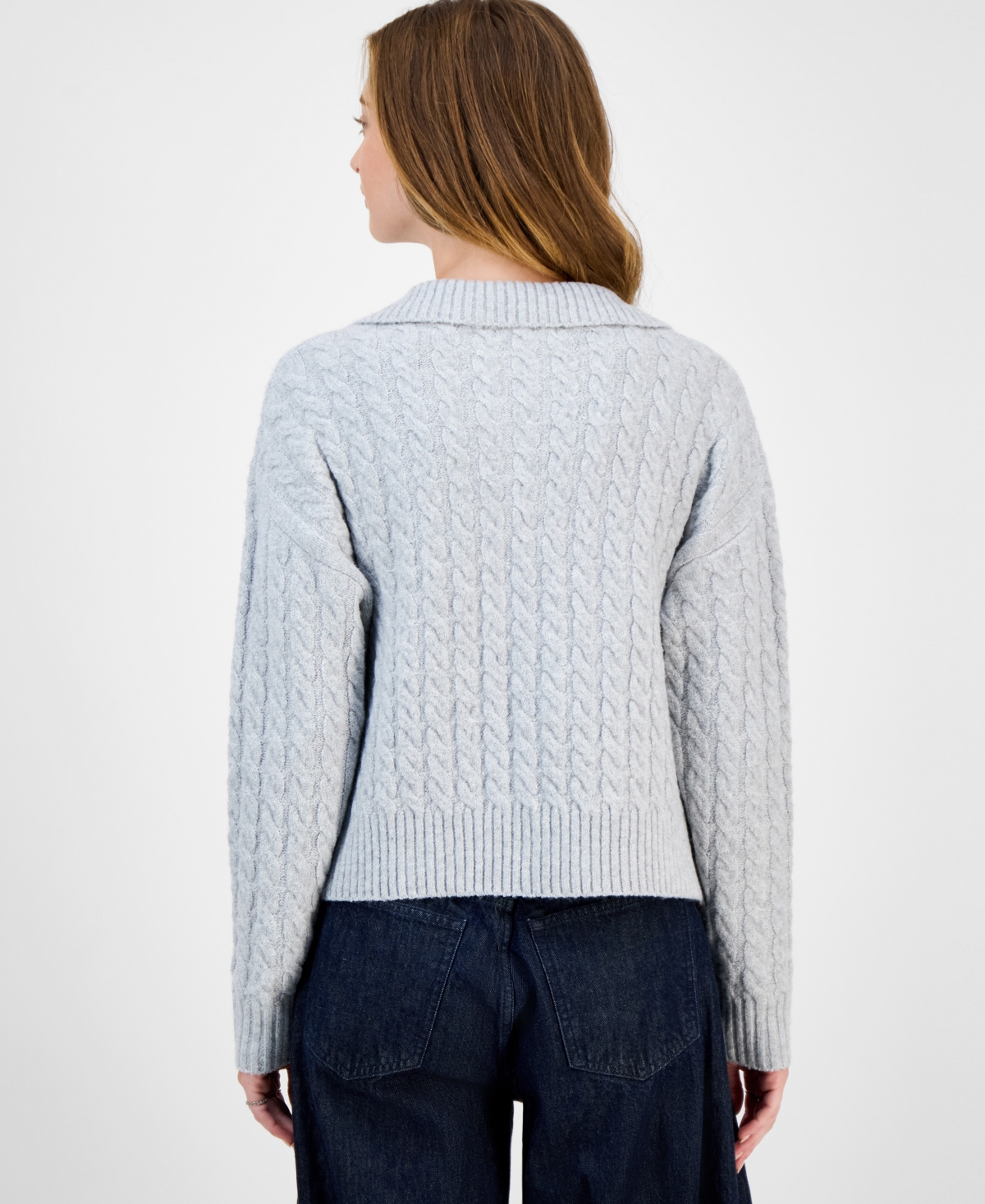 Hooked Up By Iot Juniors' Split-neck Cable-knit Sweater In Gray