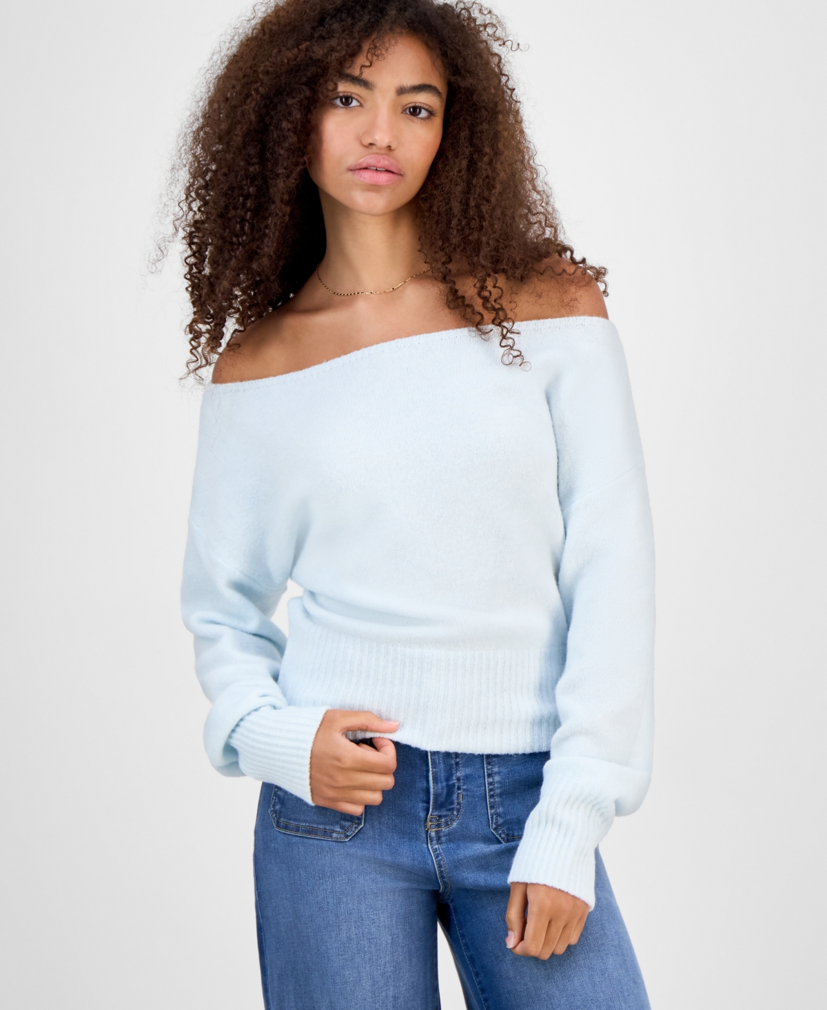 Hippie Rose Juniors' Off-the-shoulder Slouchy Sweater In Blue