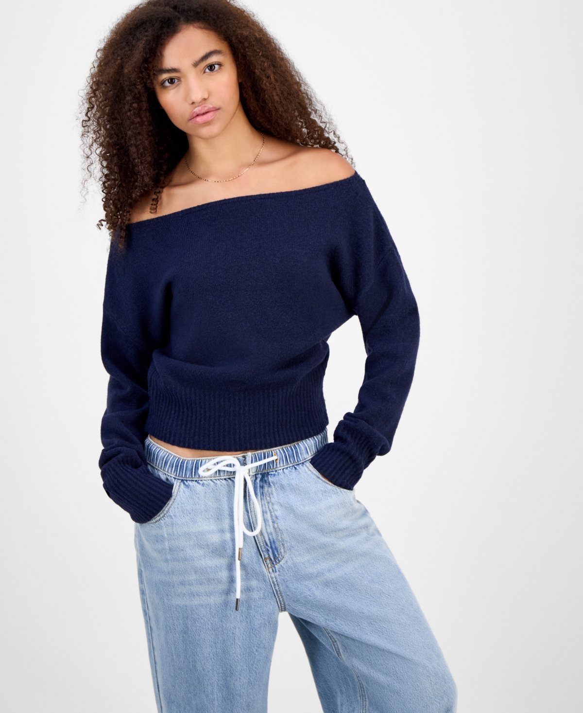 Hippie Rose Juniors' Off-the-shoulder Slouchy Sweater In Blue