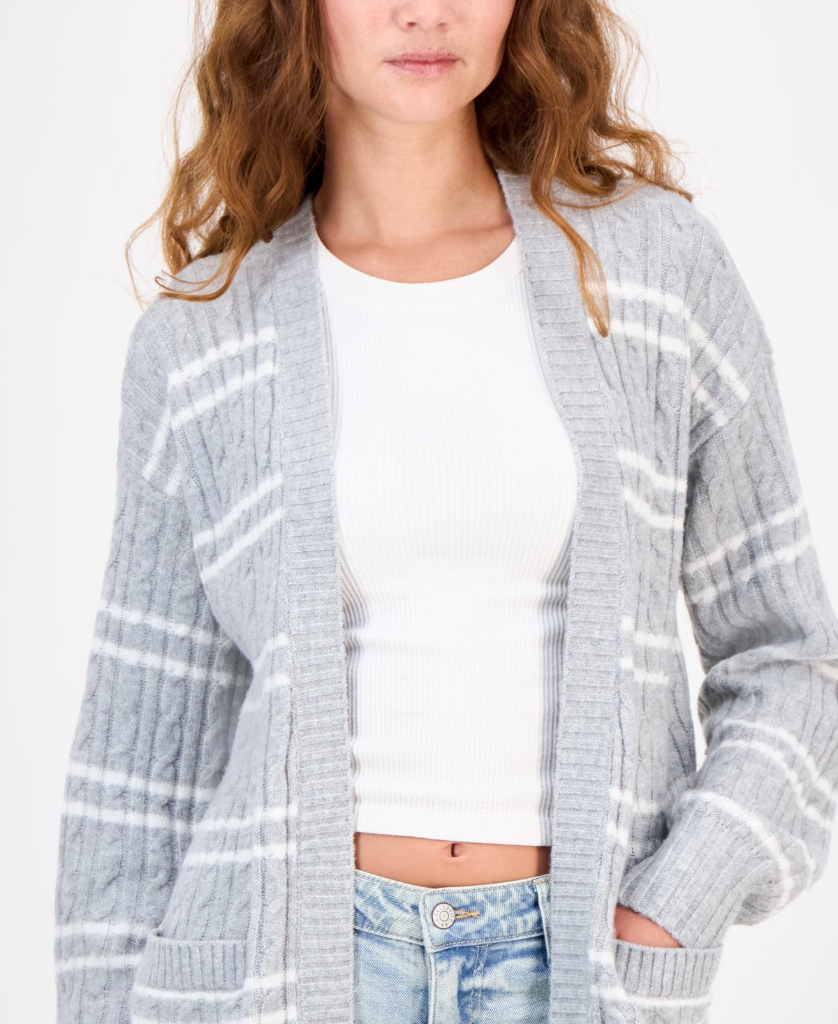 Hippie Rose Juniors' Open-front Long-sleeve Midi Cardigan In Gray