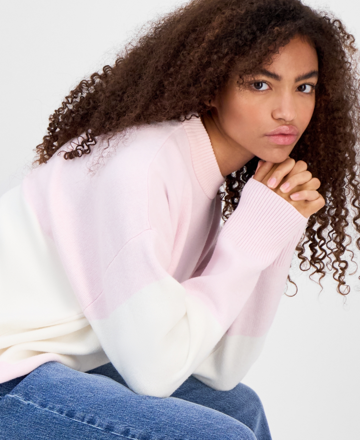 Hippie Rose Juniors' Oversized Stripe Long-sleeve Sweater In Pink