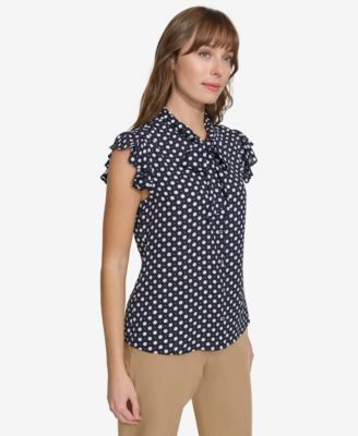 Women's Double Dot Ruffle Sleeve Bow Blouse