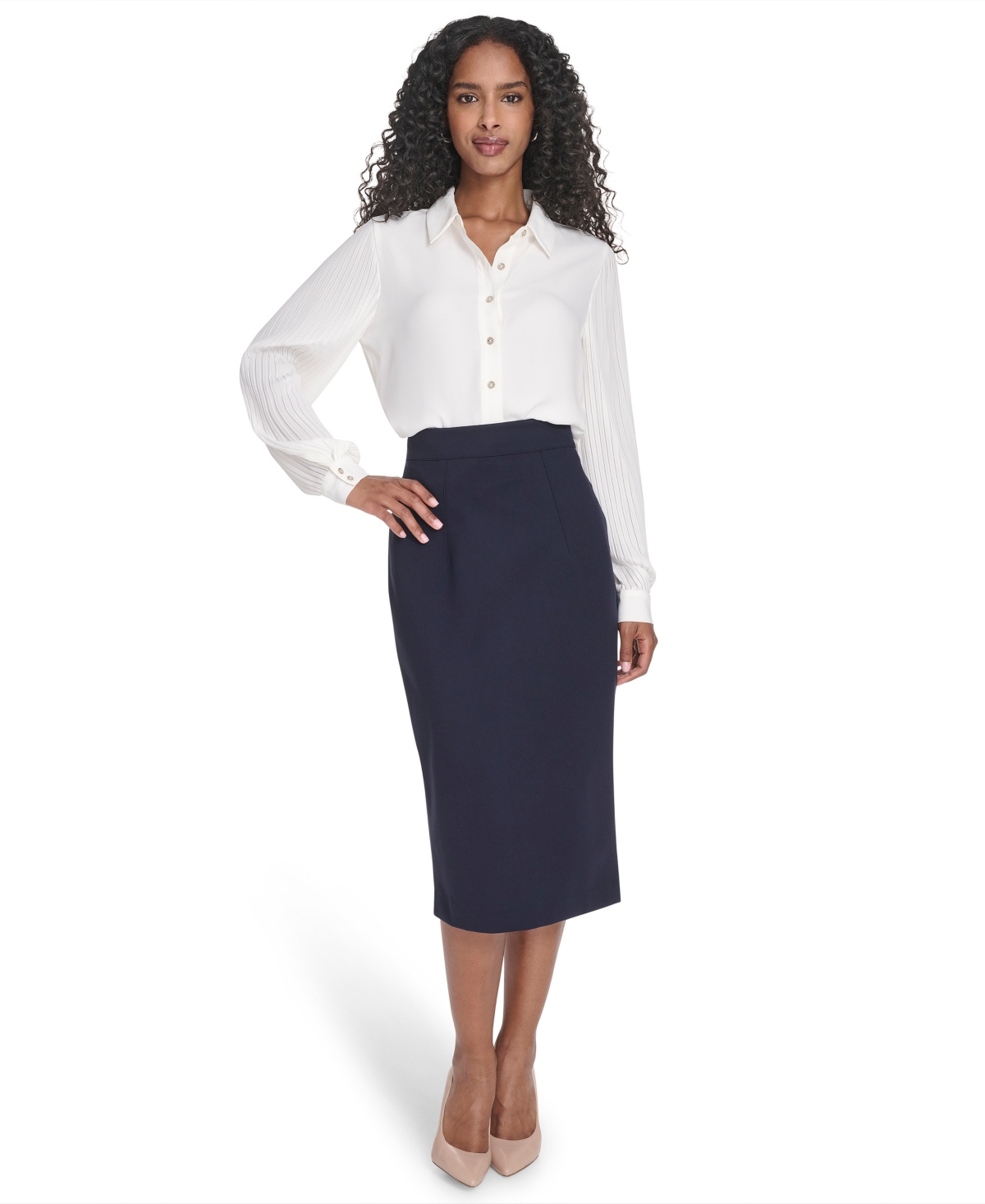 Tommy Hilfiger Women's Pleated Sleeve Button Up Blouse In White