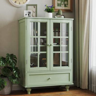 Storage Cabinet with Double Glass Doors and Drawer