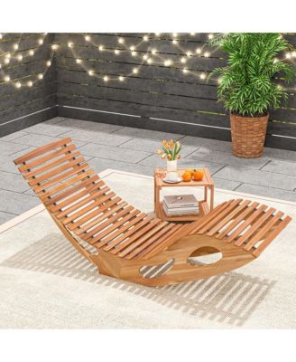 Outdoor Chaise Lounge with High Back Slatted Seat Stopper Outside Wood Rocker