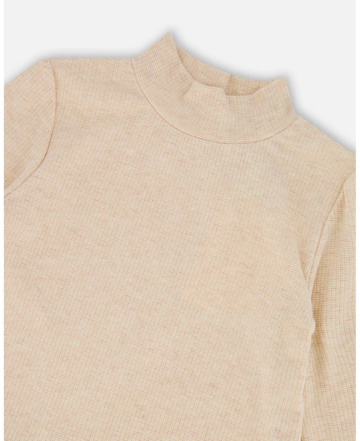 Deux par Girl Long Sleeve Bi-Material Mock Neck Dress Beige and Plaid