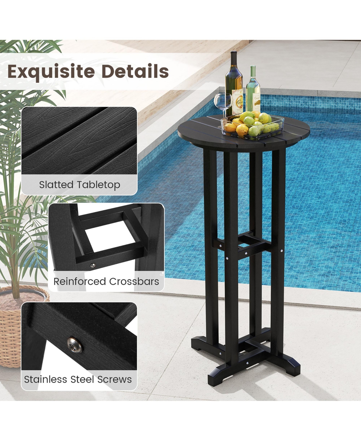 Gymax 21.5'' Round Bar Table Patio Hdpe Height Dining w/ Slatted Tabletop