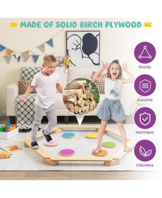 Toddler Wooden Balance Beam with Colorful Steeping Stones 12 Piece Obstacle Course