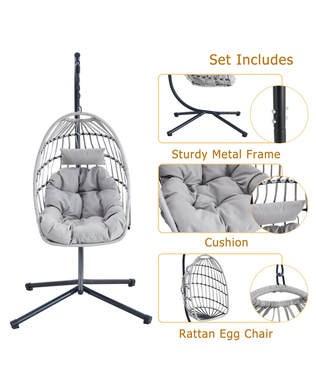 Duty Iron Hanging Chair with Wicker Weave – Single Person Swing for Indoor/Outdoor (Gray)