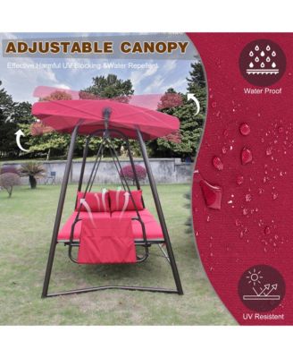 Outdoor Patio 3 seaters Metal Swing Chair Swing bed with Cushion and Adjustable Canopy Red Color