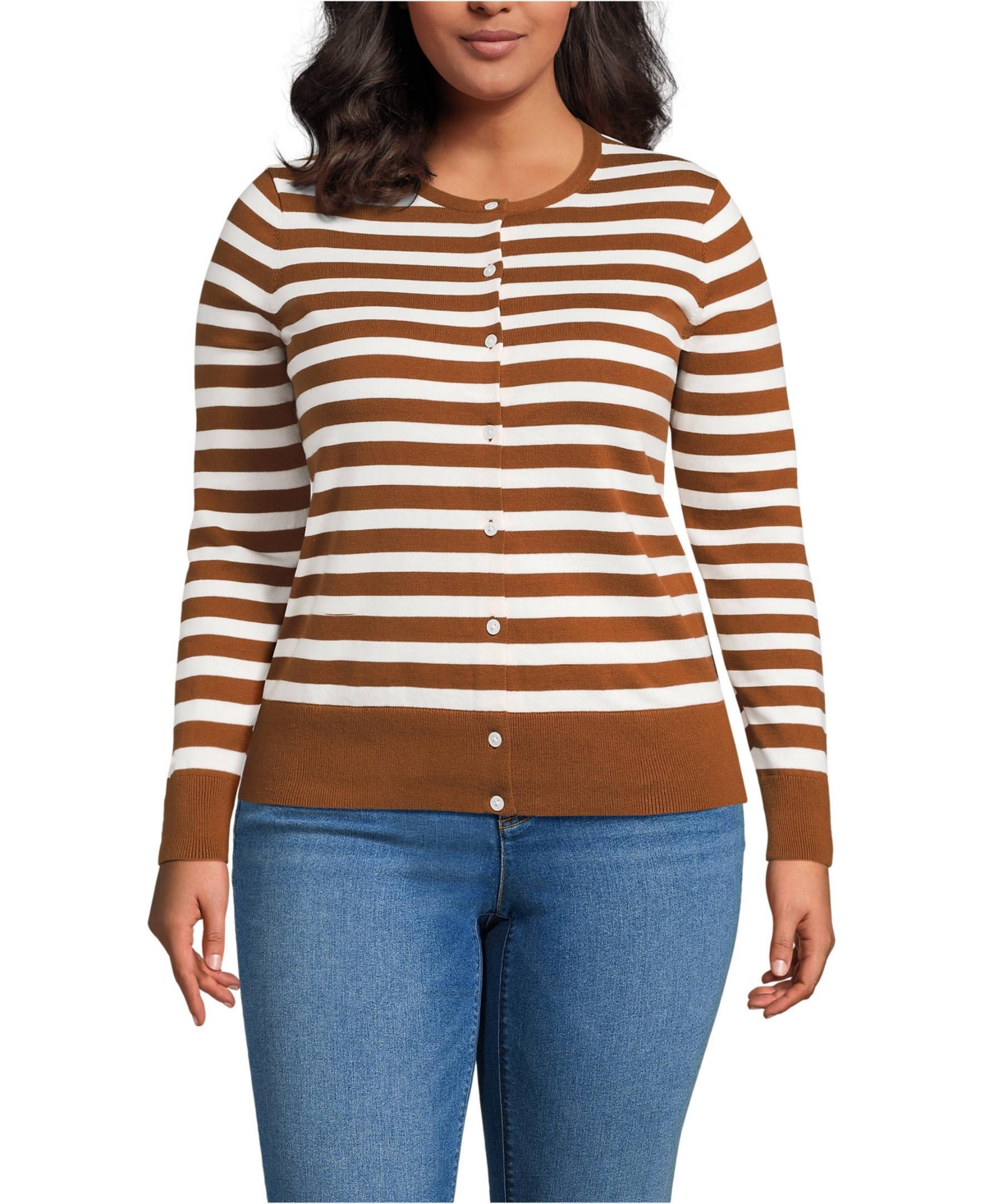Plus Size Fine Gauge Cotton Cardigan Sweater - Rich ginger/fresh ivory