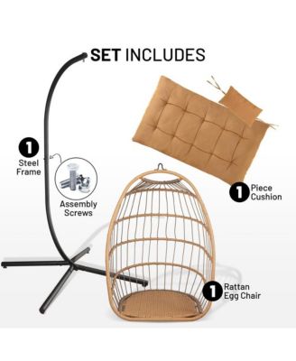 Foldable Egg Chair - Rattan Wicker Hanging Egg Swing Chair with Stand, Waterproof Seat Cushion,, and Headrest for Patio, Bedroom, Porch, and Garden (Brown)