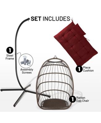 Foldable Egg Chair - Rattan Wicker Hanging Egg Swing Chair with Stand, Waterproof Seat Cushion,, and Headrest for Patio, Bedroom, Porch, and Garden (Red)