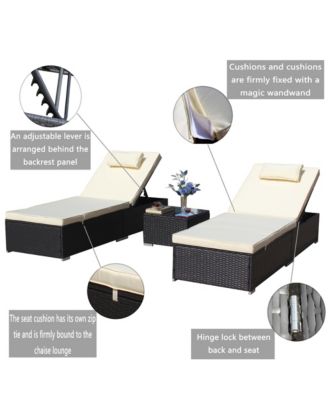 3-Piece Outdoor Patio Furniture Set Chaise Lounge, Patio Reclining Rattan Lounge Chair Chaise Couch Cushioned with Glass Coffee Table, Adjustable Back and Feet, Lounger Chair for Pool Garden, Beige