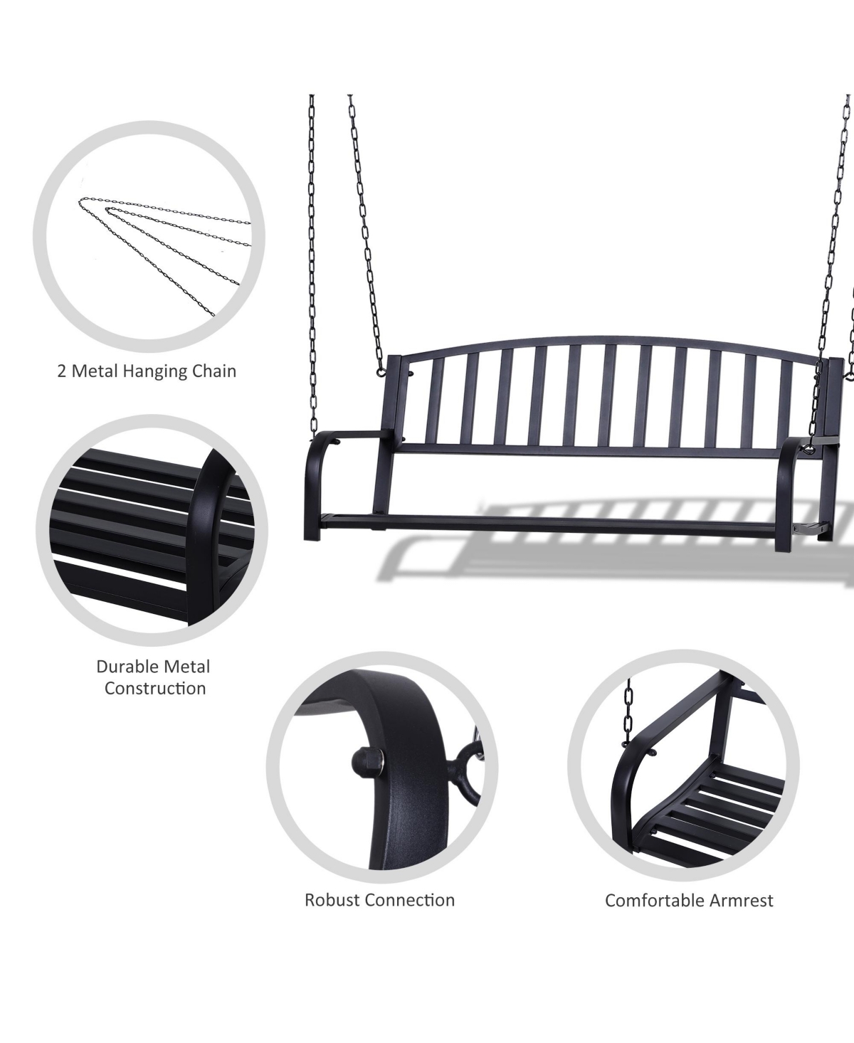 Flynama 2 Person Front Porch Swing Patio Swing Bench, Outdoor Steel Swing Chair with Sturdy Chains, for Backyard, Deck, 528 lb Weight Capacity, Black