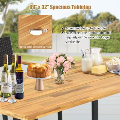 Patio Rectangle Dining Table Acacia Wood with 2'' Umbrella Hole Indoor and Outdoor Deck