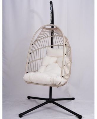 Outdoor Egg Hanging Chair with Stand, Patio Wicker Swing Egg Chair Indoor Swinging Chair Outdoor Hammock Egg Chair Off-white