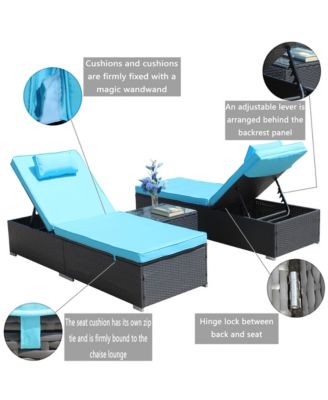 3-Piece Outdoor Patio Furniture Set Chaise Lounge, Patio Reclining Rattan Lounge Chair Chaise Couch Cushioned with Glass Coffee Table, Adjustable Back and Feet, Lounger Chair for Pool Garden, Blue