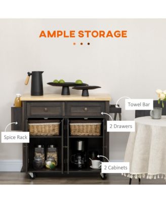 Brown Oak Kitchen Trolley: Rolling Cart with Rubberwood Top & Racks
