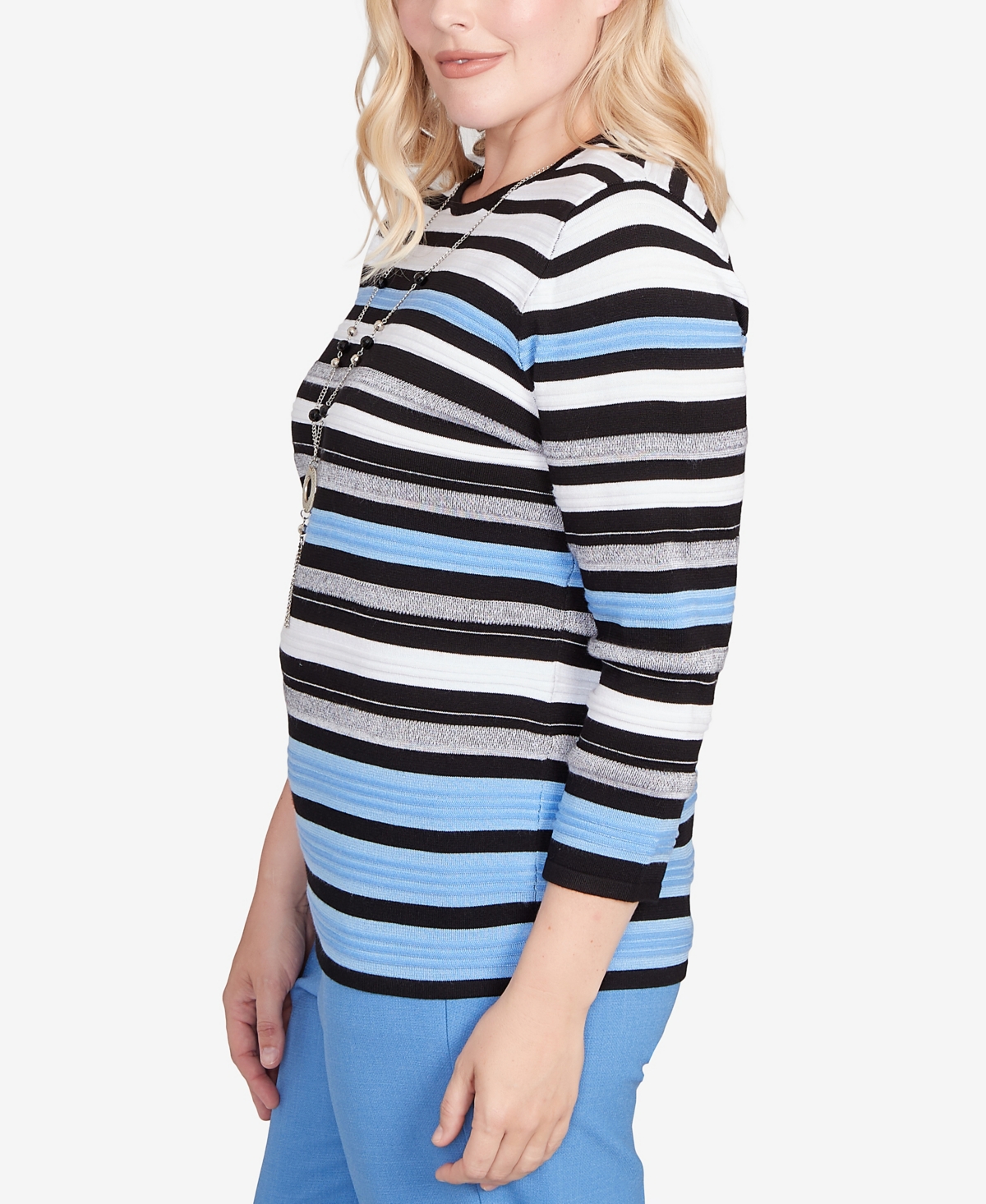 Alfred Dunner Women's Textured Stripe Sweater With Necklace In Blue