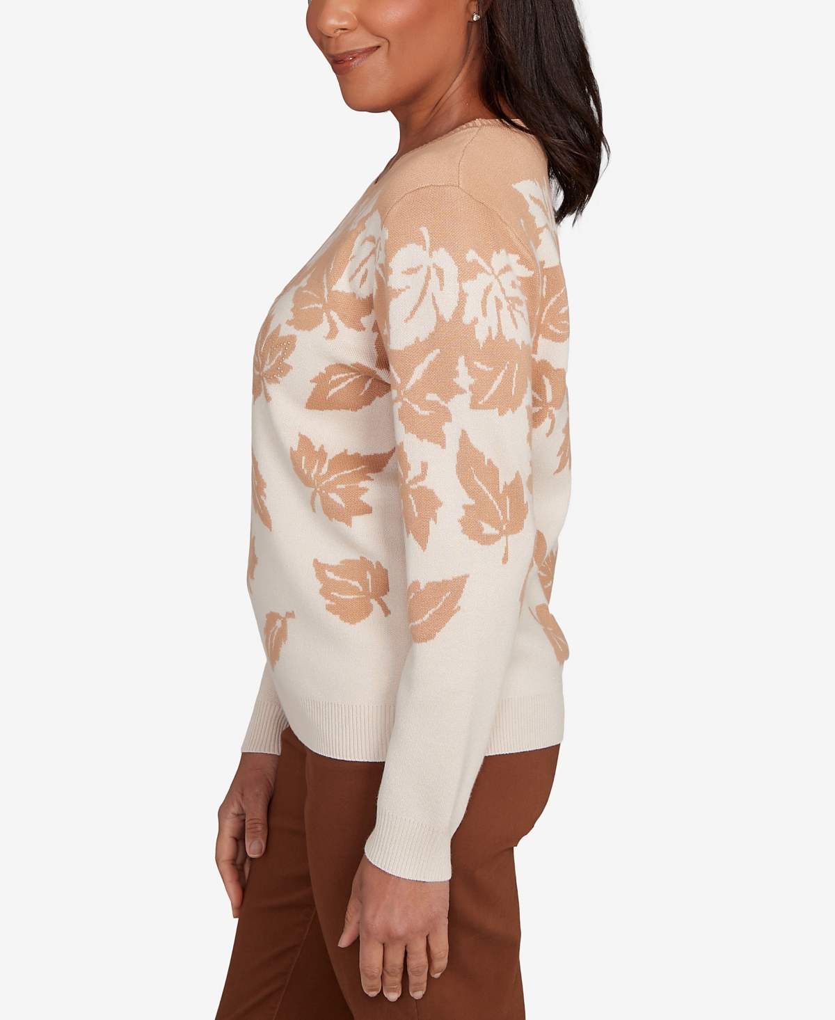 Alfred Dunner Plus Size Mount Laurel Falling Leaf Long Sleeve Sweater In Brown