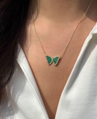 Butterfly Necklace with Imitation Malachite in 14k Gold Plated Sterling Silver