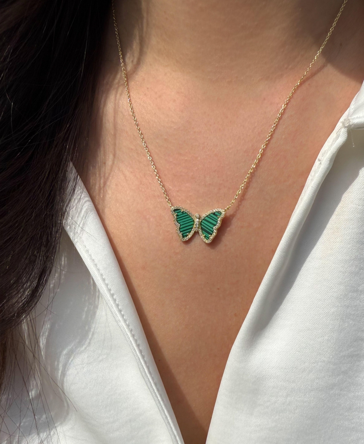Kamaria Butterfly Necklace With Imitation Malachite In 14k Gold Plated Sterling Silver