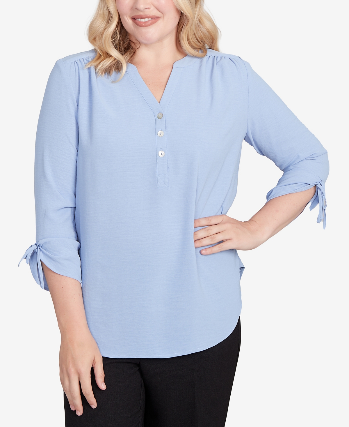Women's Tie Sleeve Crinkle Textured Henley Top - Ivory