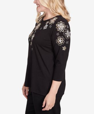 Women's Gold Floral Embroidered Three Quarter Sleeve Top
