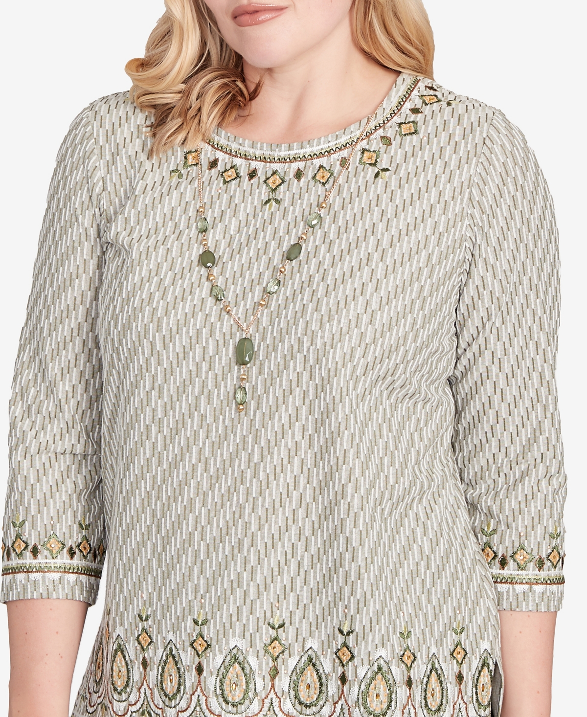 Alfred Dunner Women's Mount Laurel Textured Medallion Bordered Top with Necklace