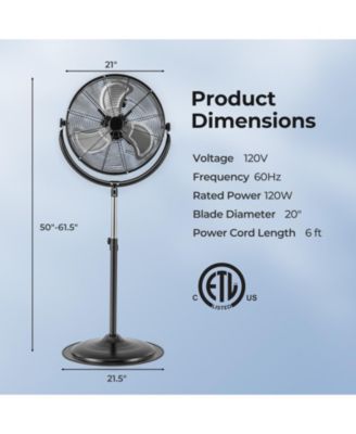 20 Inches High Velocity Pedestal Fan with 3 Speeds and Adjustable Height