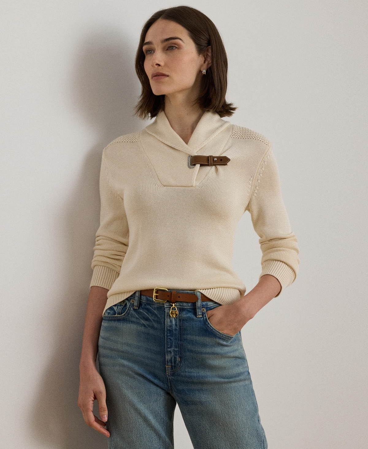 Ralph Lauren Buckle-trim Cotton-blend Sweater In Gold