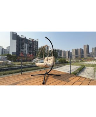 Swing Egg Chair with Stand Indoor Outdoor Wicker Rattan Patio Basket Hanging Chair with C Type bracket , with cushion and pillow,Patio Wicker folding Hanging Chair( Special construction cup holder