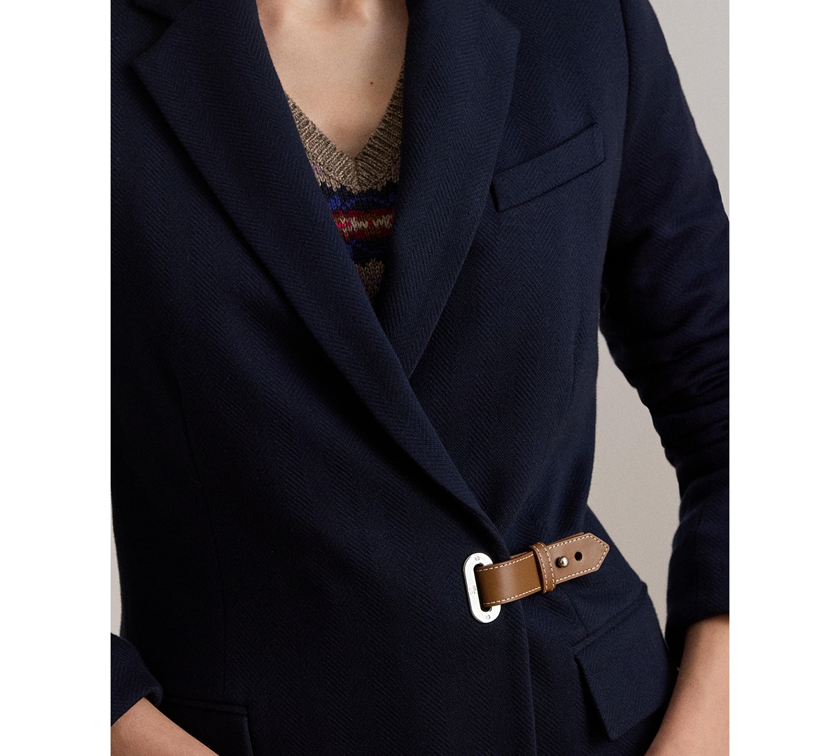 Ralph Lauren Womens Buckle Trim Herringbone Jacquard Blazer 0p 18 In Multi