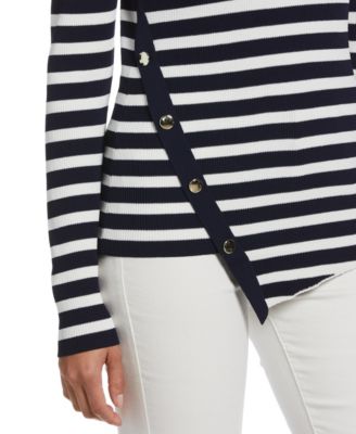 Women's Snap Trim Stripe Asymmetrical Sweater