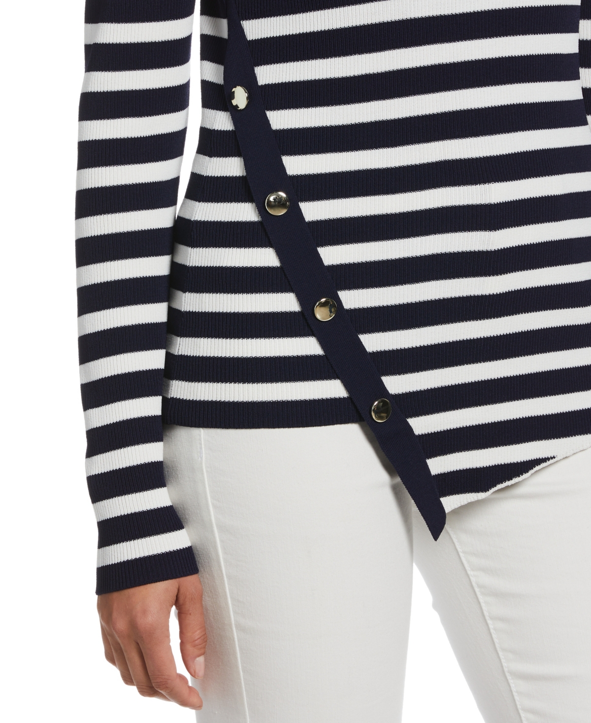 Ella Rafaella Plus Size Snap Trim Stripe Asymmetrical Sweater In Blue