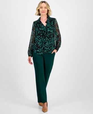 Women's Printed Ruffle-Front Long-Sleeve Blouse