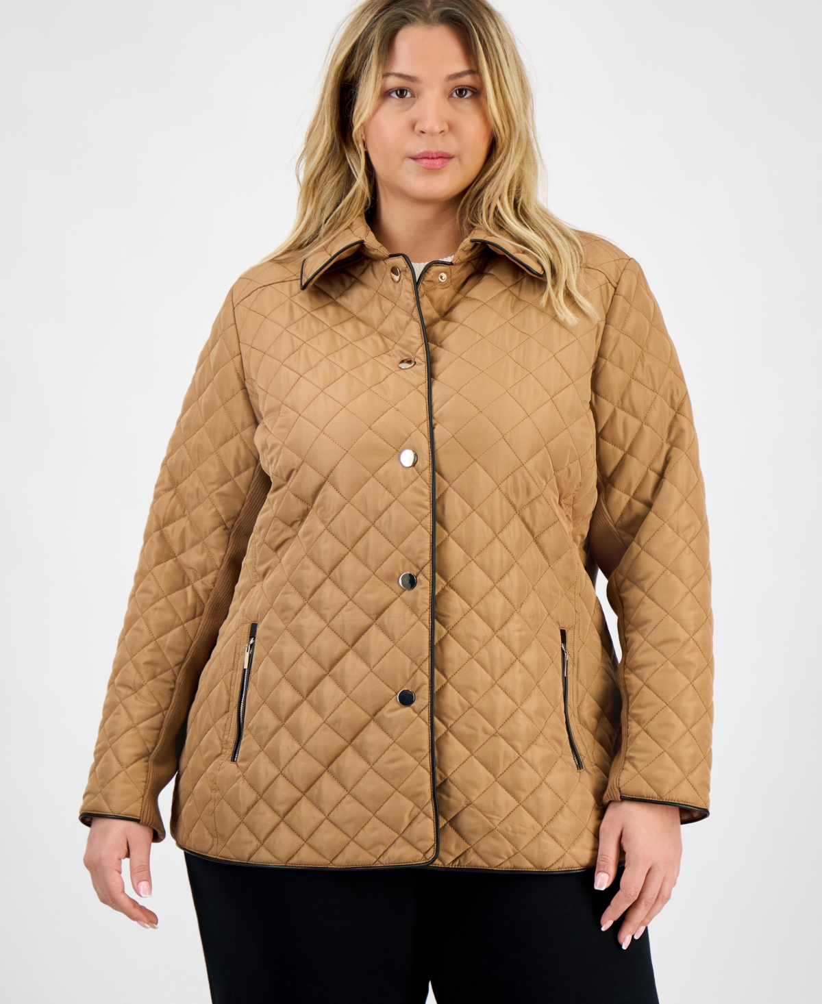 Jones New York Plus Size Quilted Snap-front Jacket In Brown
