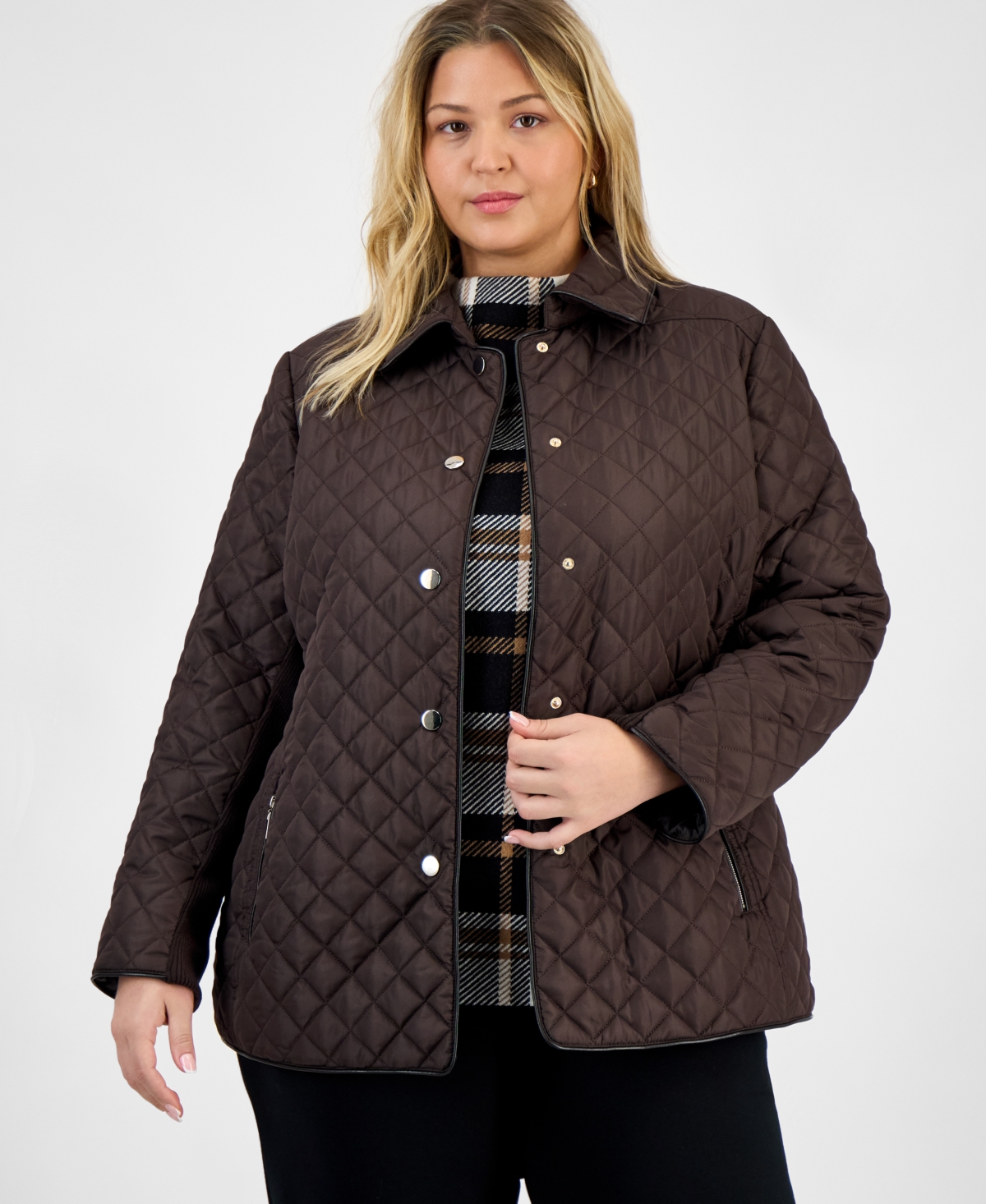 Jones New York Plus Size Quilted Snap-front Jacket In Brown