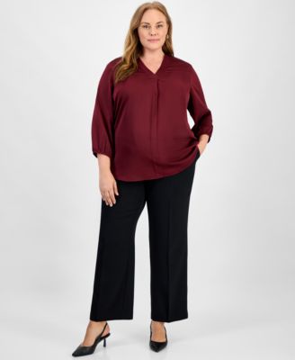 Plus Size Satin 3/4-Puff Sleeve V-Neck Blouse