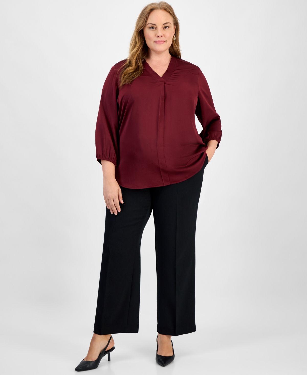 Jones New York Plus Size Satin 3/4-puff Sleeve V-neck Blouse In Burgundy