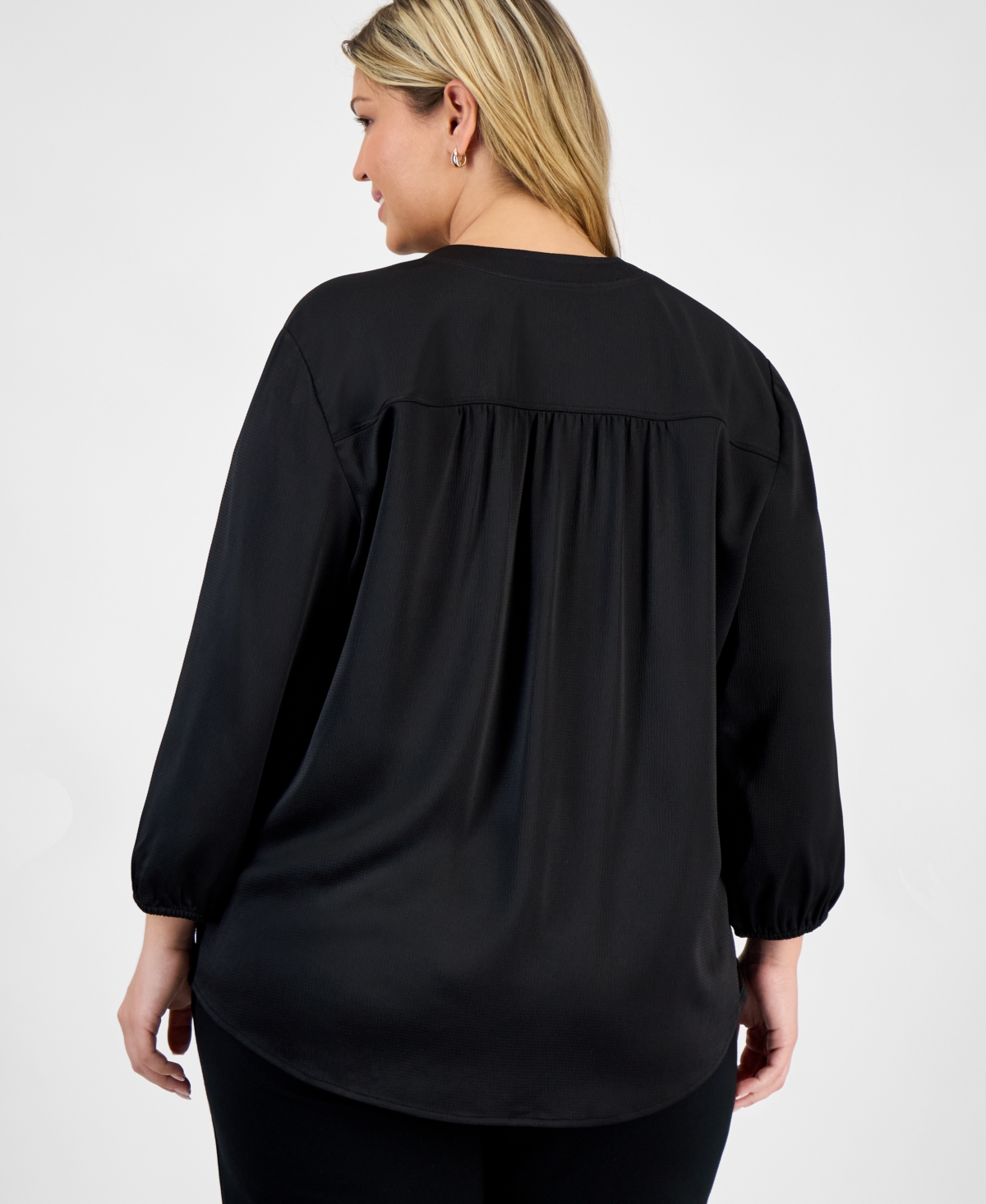 Jones New York Plus Size Satin 3/4-puff Sleeve V-neck Blouse In Black