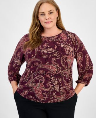 Jones New York - Plus Size Paisley Puff-Sleeve Crewneck Top