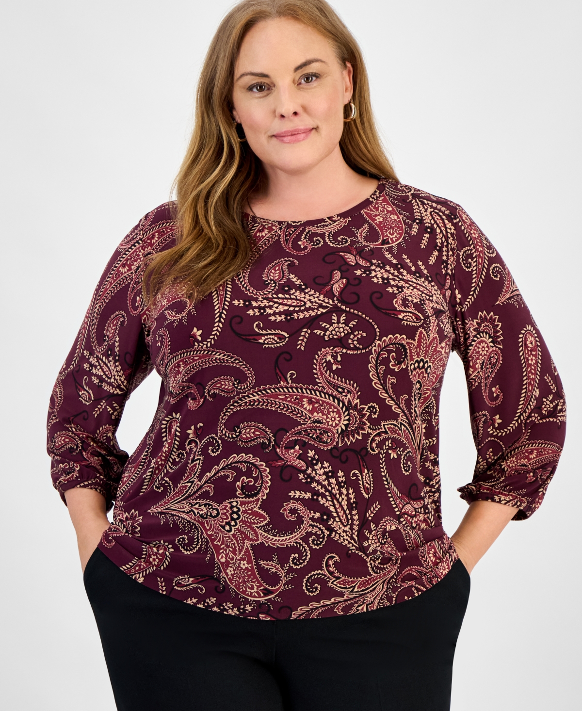 Jones New York Plus Size Paisley Puff-sleeve Crewneck Top In Burgundy