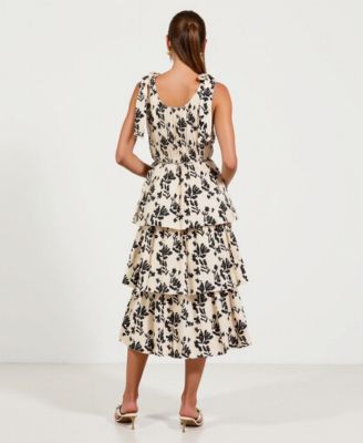 Women's Smocked Tiered Bow-Tie Straps Floral Midi Dress