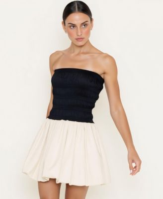 Women's Strapless Smocked Bodice Bubble Hem Mini Dress
