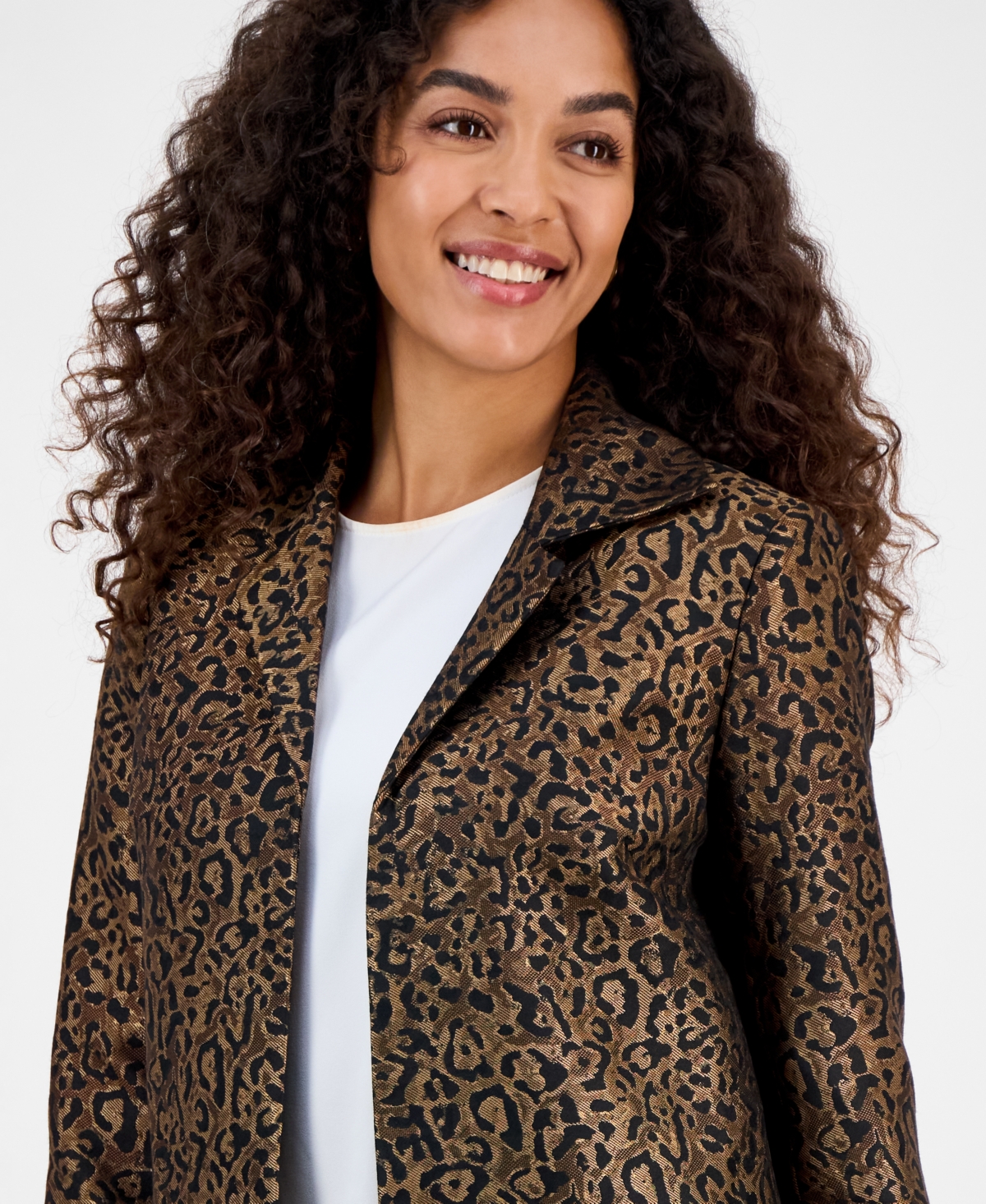 Kasper Leopard Jacquard Open-front 3/4-sleeve Topper, Regular & Petites In Multi