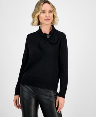 Kasper - Women's Beaded-Brooch Tie-Neck Sweater