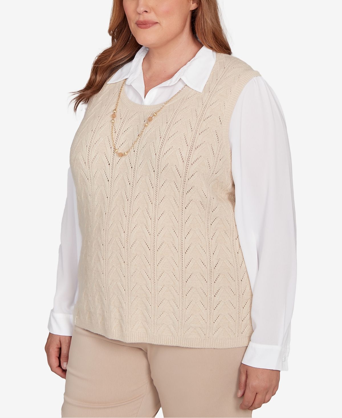 Alfred Dunner Plus Size Urban Legend Pointelle Texture Two In One Sweater With Necklace In Gray
